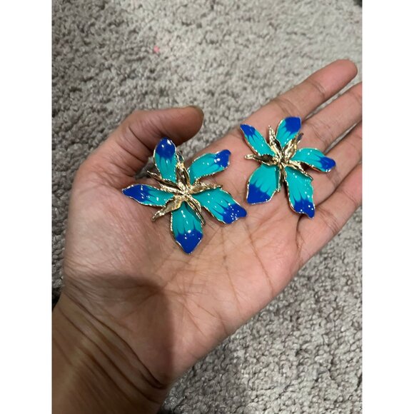Large Blue earring Flower turquoise sea green royal blue gold oversized Earrings - Picture 7 of 8